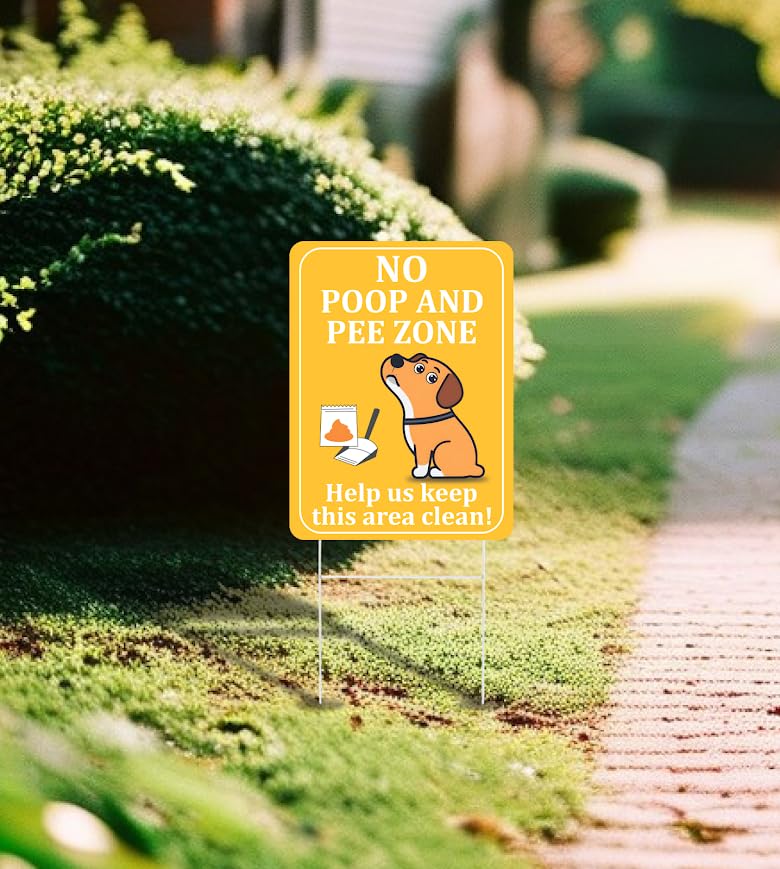 Set of 3 Double Sided 12x8 Inches Plastic Sign "No Poop and Pee Zone" with Metal H-Stakes - Help Us Keep this Area Clean - Pick Up After your Pet - Signage no Dog Pooping and Peeing in Garden