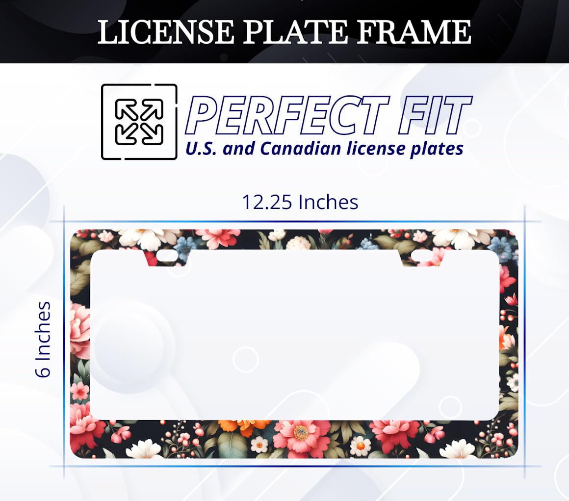 License Plate Frame 6x12.25 Inches with Natural Flowers with 2 Standard Slotted Mounting Holes - Custom License Plate Frame for Your Car - Stainless Steel Frames Flower Style Fun Decoration
