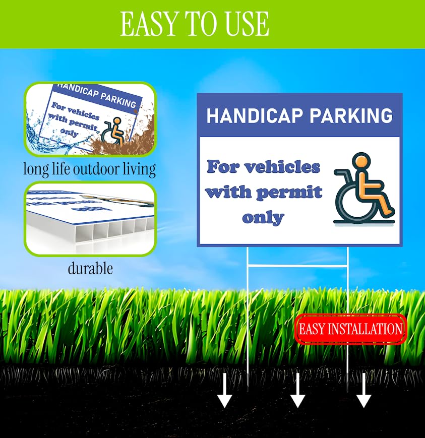 Set of 3 Double Sided 12x16 Inches "Handicap Parking For Vehicles with Permit Only" Sign with Metal H-Stakes - Restricted for Vehicles with Authorization - Exclusive Spots for Holders