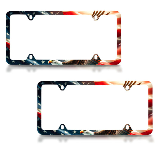 Set of 2 Personalized Car License Plate Frames for US Standard Frame American Flag Eagle - Plate Frame 6 x 12.25 inches and 4 Holes and Screws - Americane License Plate Frame Car Universal Accessories