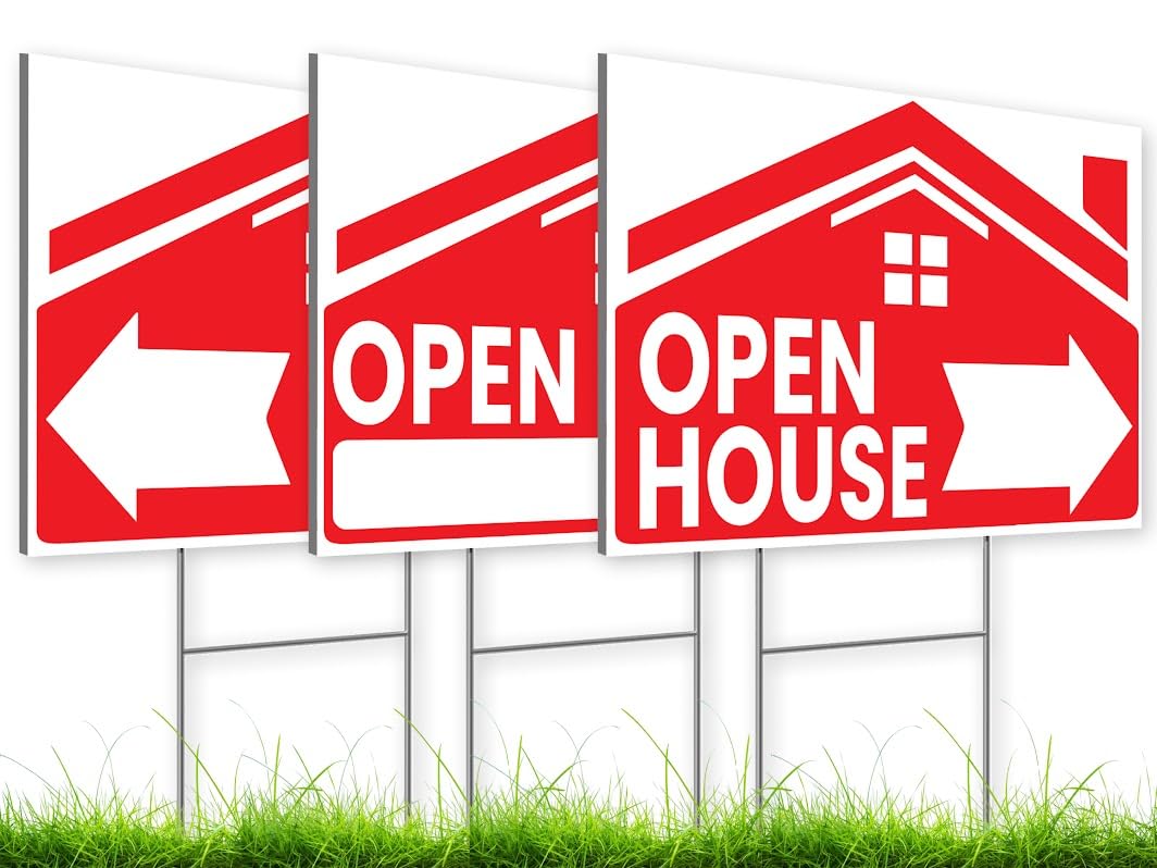 12x16 Inch Pack of 3 Open House Signs for Real Estate Agent Supplies for Sale Sign with H Wire Stakes - Realtor Supplies for Sent Houses for Sale By Owner Yard Sign - Moving Sale Directional Signs Kit