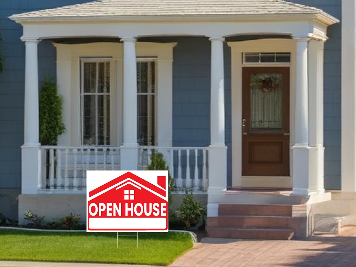 ULVEOL 12x16 Inch Red Plastic Open House Signs for Real Estate Agent Supplies - 3 Count with H Wire Stakes