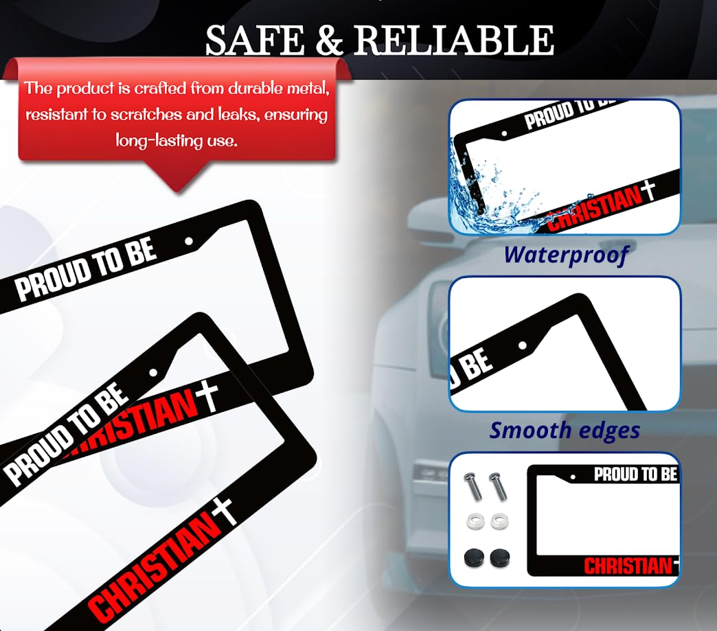 6x12.25 Inch License Plate Frame with Quote Proud to Be Christian with 2 Standard Slotted Mounting Holes and Screws - Aluminium Accessories Frame for USA Standard Cars - Decorated God Frames