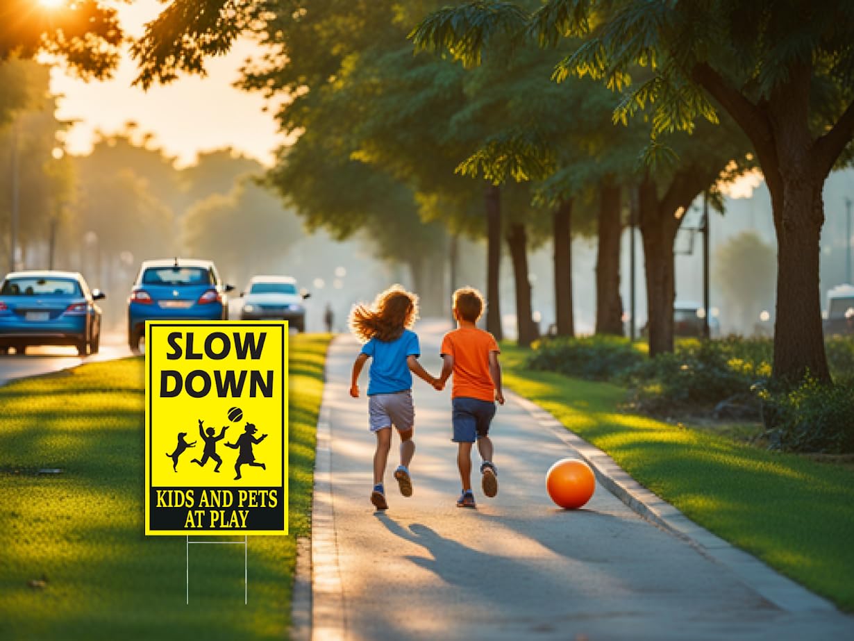 Set of 3 Double Sided Plastic Please Slow Down Sign for Playing Kids in the Street - Drive Like Your Kids Live Here Yard Sign - Slow Road Sign for Neighborhoods - Speed Limit Signs - Play Safety Sign