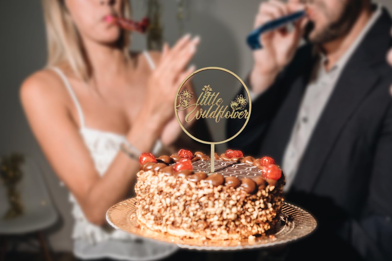 4.72x8.18 Inch Wood Wildflower Cake Topper - Little Wildflower Birthday Decorations - Girls Wild One Birthdays Cake Toppers - Floral Baby Shower Decoration - Souvenirs Birthday for Family and Friends