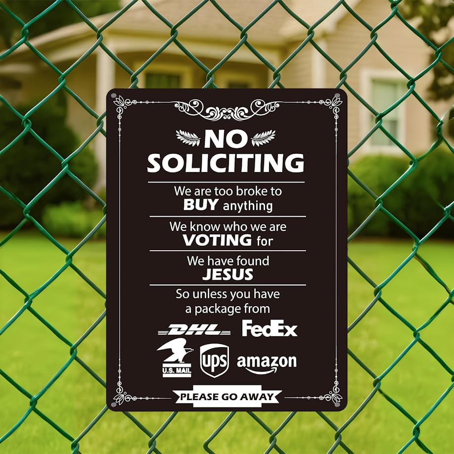 12x16 inch Metal Tin Signs with Quote "No Soliciting" - No Soliciting Sign for Home and Business - Property Protected by Surveillance with Yard - No Intrusion Private Property Metal Sign Decoration