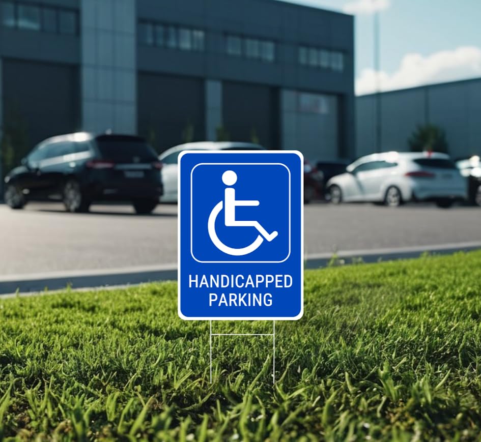 Set of 3 Double Sided 12x16 Inches Handicapped Parking with Metal Wire H-Stakes - Plastic Reserved Parking Signs for Handicapped Only - Yard Signs with Parking Space for Indoor or Outdoor