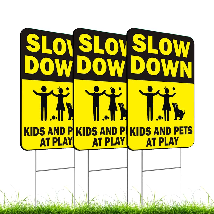 Set of 3 Double Sided 12x16 Inches Slow Down Kids and Pets At Play Sign with Metal Wire H-Stakes - Plastic Playing Kids in the Street Sign - Children At Play Signs for Street Neighborhoods