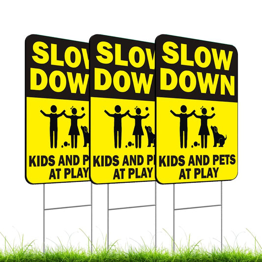 Set of 3 Double Sided 12x16 Inches Slow Down Kids and Pets At Play Sign with Metal Wire H-Stakes - Plastic Playing Kids in the Street Sign - Children At Play Signs for Street Neighborhoods