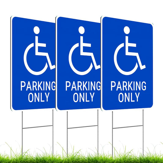 Set of 3 Double Sided 12x16 Inches Reserved Parking Signs for Handicapped Only with Metal Wire H-Stakes - Plastic Indoor or Outdoor Basics Handicap Parking Sign - Yard Signs with Parking Space