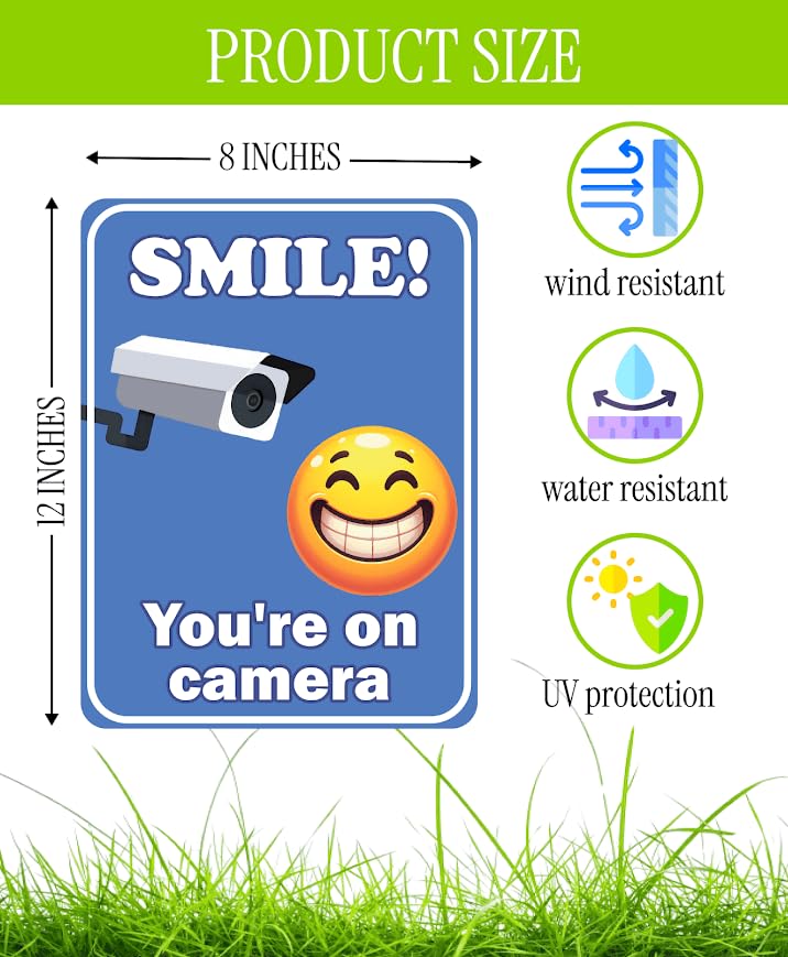 Set of 3 Double Sided 12x8 Inches Plastic Sign With H-Stakes "SMILE! You'reon Camera" - Tresspassing Video Surveillance Private Property Signs - Warning Security Cameras in Use 24 Hours Signage