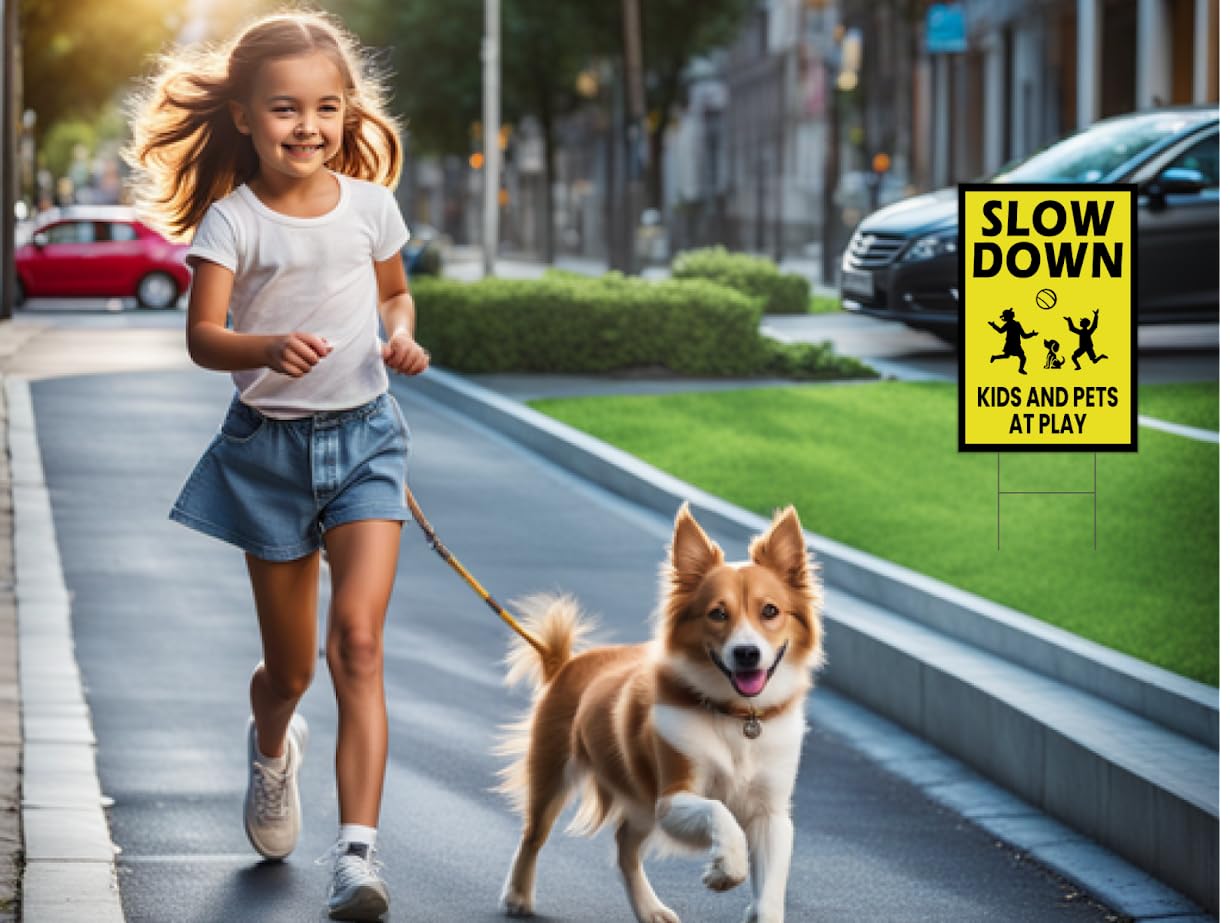 3 Pack Single Sided 8x12 Please Slow Down Kids and Pets at Play Yard Sign with Metal H-Stakes - Children At Play - Drive Like Your Kids Live Here Safety signs for Street - Cat Crossing Sign