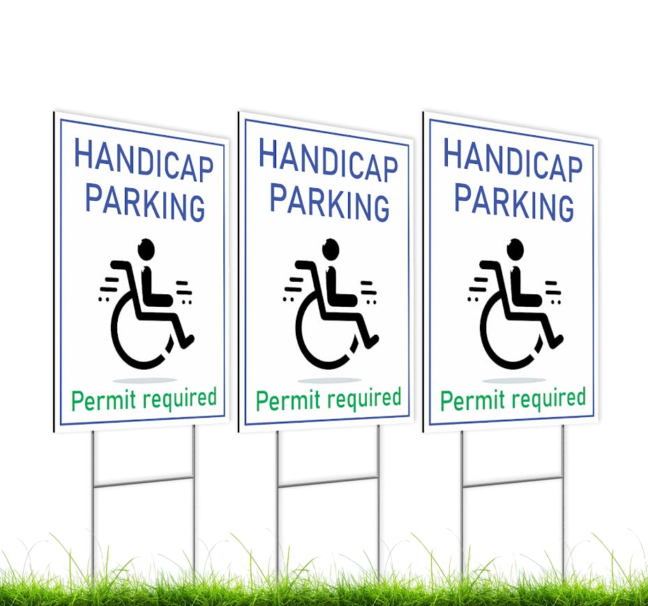 Set of 3 Double Sided 12x16 Inches "Handicap Parking Permit Required" Sign with Metal H-Stakes - Сustom Reserved Parking - Signage Designated Parking for People with Disabilities