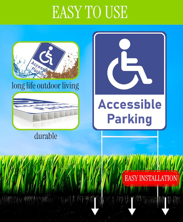 Set of 3 Double Sided 12x16 Inches "Accessible Parking" Sign with Metal H-Stakes - Reserved Spaces for Handicap Permit Vehicles - Restricted Parking for Vehicles with Authorization