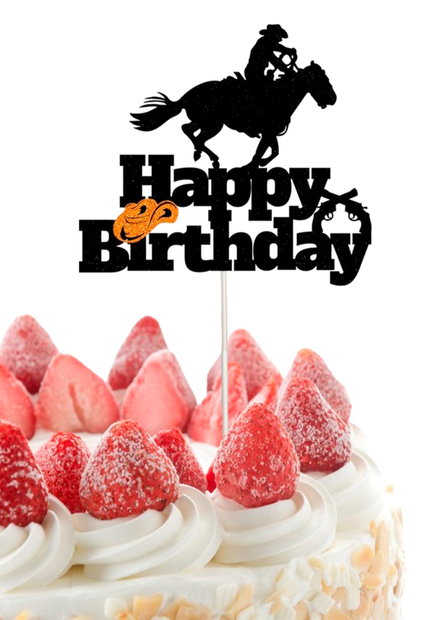 Cowboy Happy Birthday Cake Topper - Cowboy Themed Birthday Decorations for Boys or Girls - Black Glitter Cowboy Shooting Horse Party Decoration Supplies for Man - Photo Booth Props