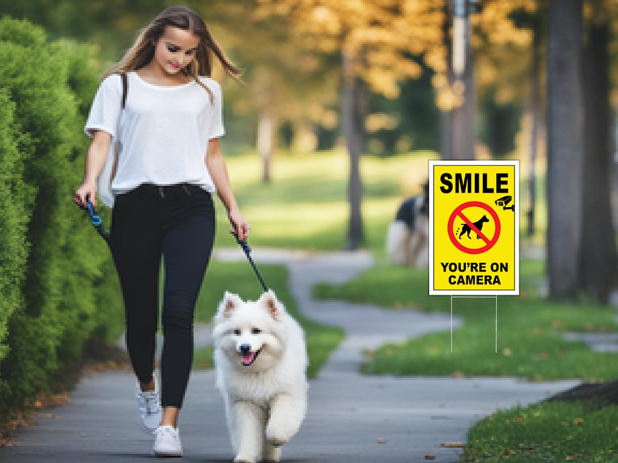 3 Pack 8x12 Inch Smile Your on Camera Signs with Stake - No Tresspassing. Private Property Video Surveillance Home Security Yard Sign - Warning Signs for Property - Single Sided Signs off Lawn Outdoor