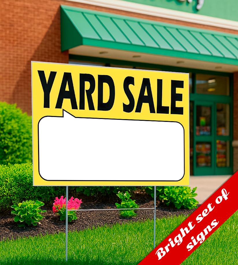 Set of 3 Double Sided 12x16 Inches Plastic Yard Sale Signs with Metal H-Stakes - Agent Realtor Supplies - Visibility Yard Sales Sign with Space To Fill - Plastic Signs for Outdoor Estate Sales