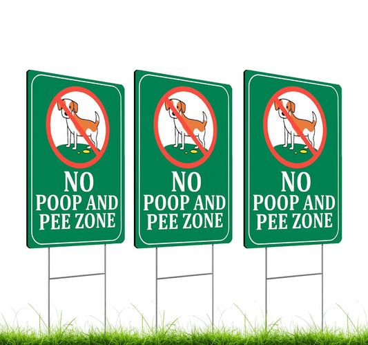 Set of 3 Double Sided 12x8 Inches Plastic Sign "No Poop and Pee Zone" with Metal H-Stakes - No Pet Poop Signs for Lawn - Signs Clean Up After Your Dogs - No Peeing Animals Garden