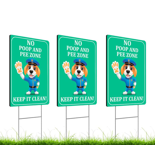 Set of 3 Double Sided 12x8 Inches Plastic Sign "No Poop and Pee Zone Keep it Clean" with Metal H-Stakes - Clean Up After Your Dog Signs - Curb Your Mutt for Lawn - Pick Up Dogs Poop Sign