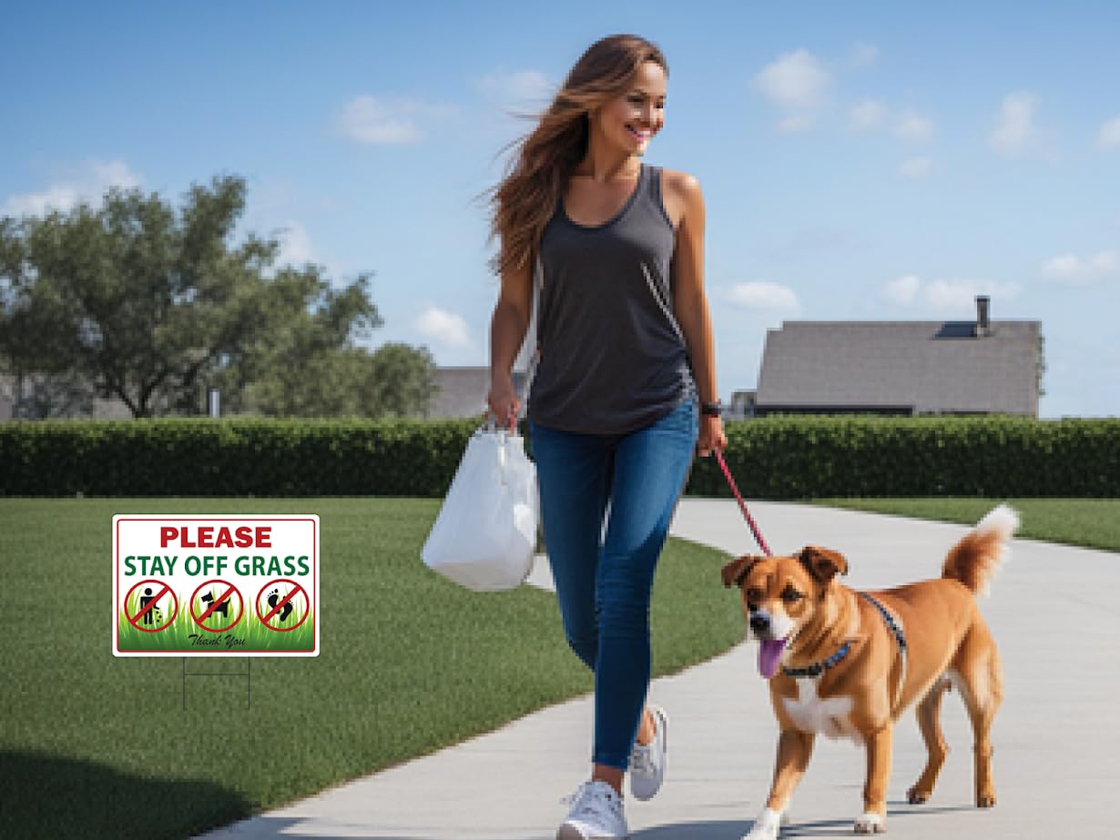 8x12 Inch Double Sided Please Stay Off Grass Sign pack of 3 - No Dog Poop Signs for Yard outdoor - Pick Up After Your Dog Sign - No Pets No Dogs Allowed or Keep Dogs off Lawn Signs with Grass Stakes