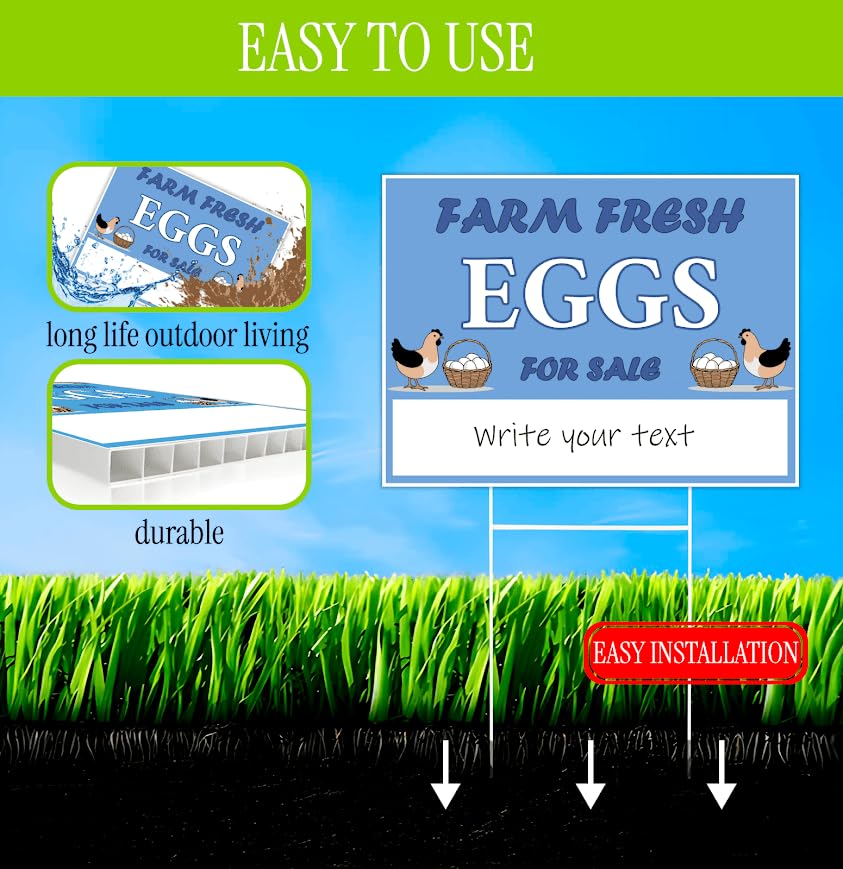 Set of 3 Double Sided 12x16 Inches Farm Fresh Eggs For Sale Sign with Metal H-Stakes - Plastic Farm Fresh Eggs Sold Here Yard Sign - Farm Business Supplies Home Decor or Outdoor and Indoor