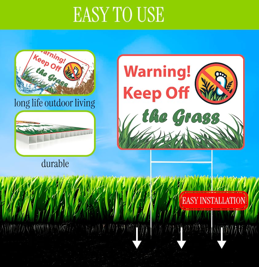 Set of 3 Double Sided 12x8 Inches Plastic Sign "Warning! Keep Off the Grass" - Signs to Warn Others and Protect Your Lawn from Unwanted Damage - Signage Warning Avoid This Private Lawn Area