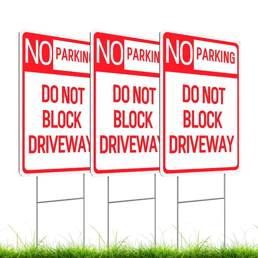 Set of 3 Double Sided 12x16 Inches No Parking Do Not Block Driveway Sign with Metal Wire H-Stakes - No Parking on Grass Sign - Plastic Please Do Not Drive Indoor or Outdoor Sign Use