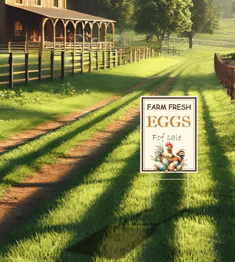 Set of 3 Double Sided 12x16 Inches Farm Fresh Eggs For Sale Sign with Metal H-Stakes - Fresh Chicken Eggs For Sale Sign - Plastic Farm Fresh Eggs Sold Here Yard Sign - Signs Chicken Coop Decoration