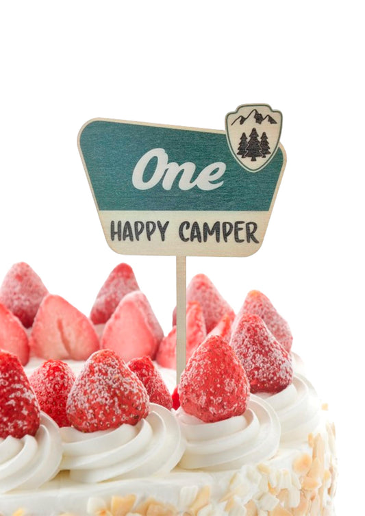 Wooden Cake Topper For One Happy Camper - One Happy Camper Birthday Decorations - Camping Party Decor - Wooden Cake Toppers or Wedding Anniversary Rravel - Souvenirs Birthday for Family and Friends