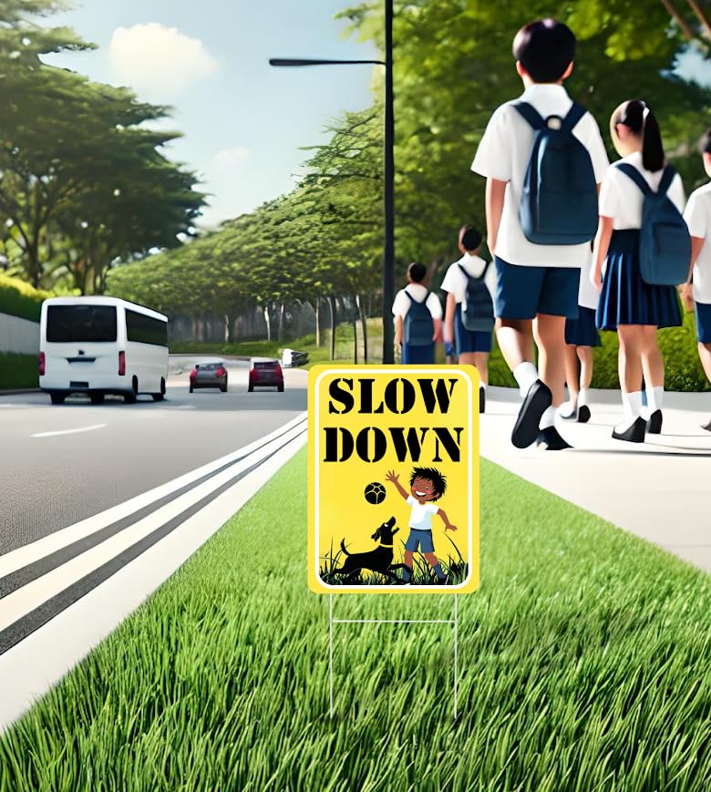 Set of 3 Double Sided 12x16 Inches "SLOW DOWN" Sign with Metal H-Stakes - Children at Play Safety Signs for Street - Kids Playing and Neighborhood Watch Signage - Drive Slow Speed Limit