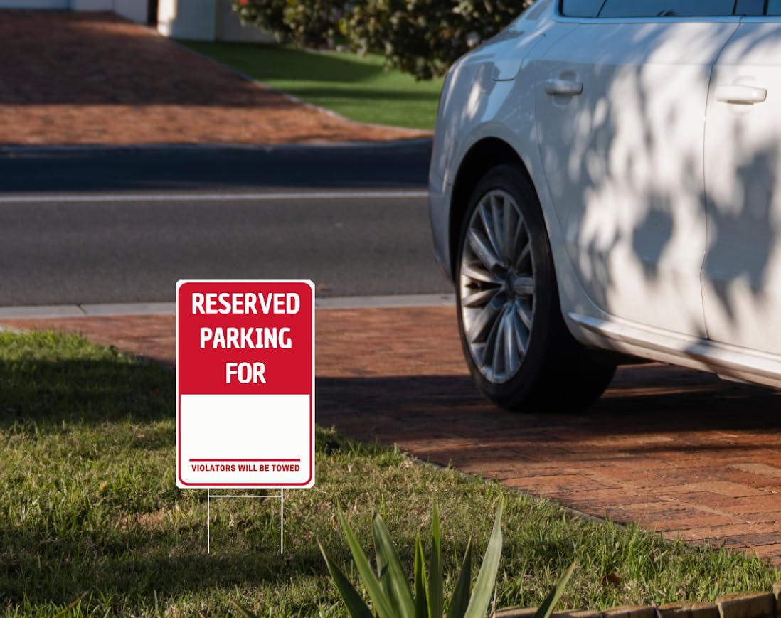 Set of 3 Double Sided 8x12 Inches Reserved Parking Sign with Metal Wire H-Stakes - Plastic Indoor or Outdoor Sign Text Only - No Parking This Space is Reserved Sign - Yard Signs with Parking Space