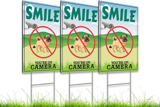 Pack of 3 Funny Smile You're On Camera Yard Signs with Stakes - 12"x 16" Double-Sided Warning Signs for Property - Security Surveillance Signs for Home Business - Video Camera Signs Indoor or Outdoor