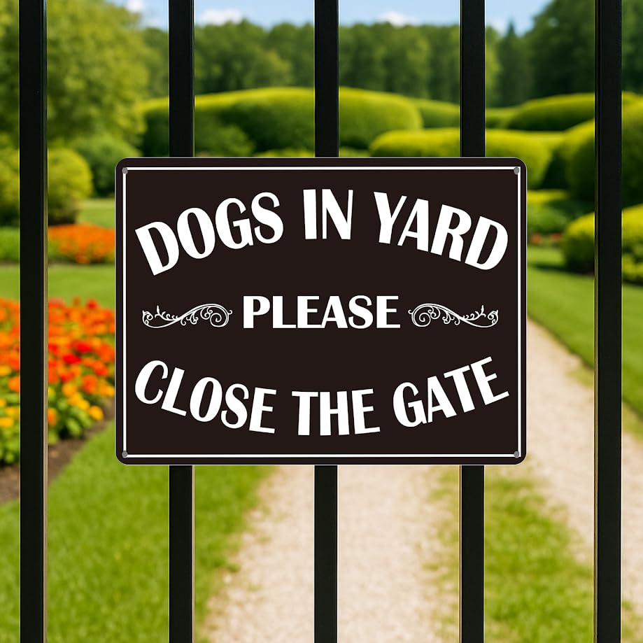 12x16 inch Metal Tin Signs with Quote "Dogs in Yard Please Close the Gate" - Security Warning Dog Signs with Metal - Dogs for Front Door Beware Of Dog Tin Sign - Keep Gate Closed Decorations