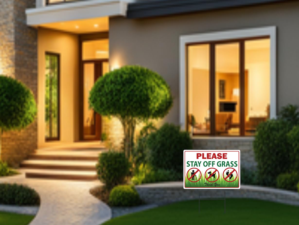 8x12 Inch Double Sided Please Stay Off Grass Sign pack of 3 - No Dog Poop Signs for Yard outdoor - Pick Up After Your Dog Sign - No Pets No Dogs Allowed or Keep Dogs off Lawn Signs with Grass Stakes