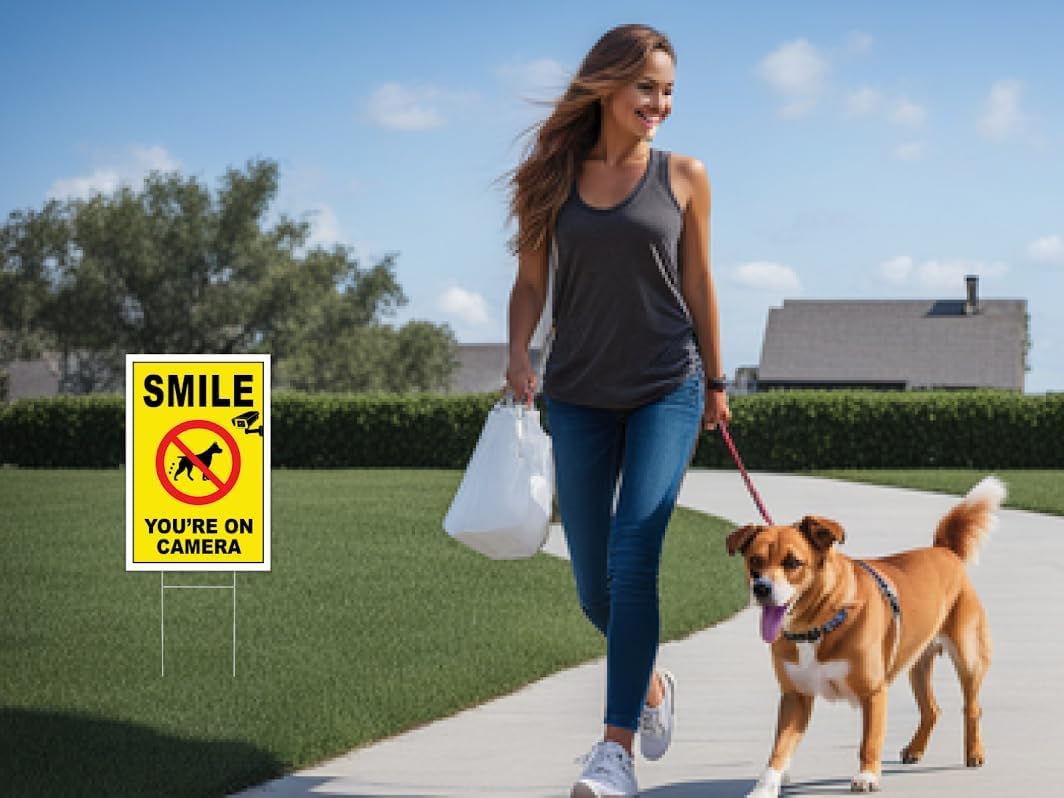 3-Pack of 12x8 Inch Smile Your on Camera Signs with Stakes – Outdoor Lawn Protection No Trespassing, Video Surveillance Home Security Yard Signs – Double-Sided Warning Signs for Private Property