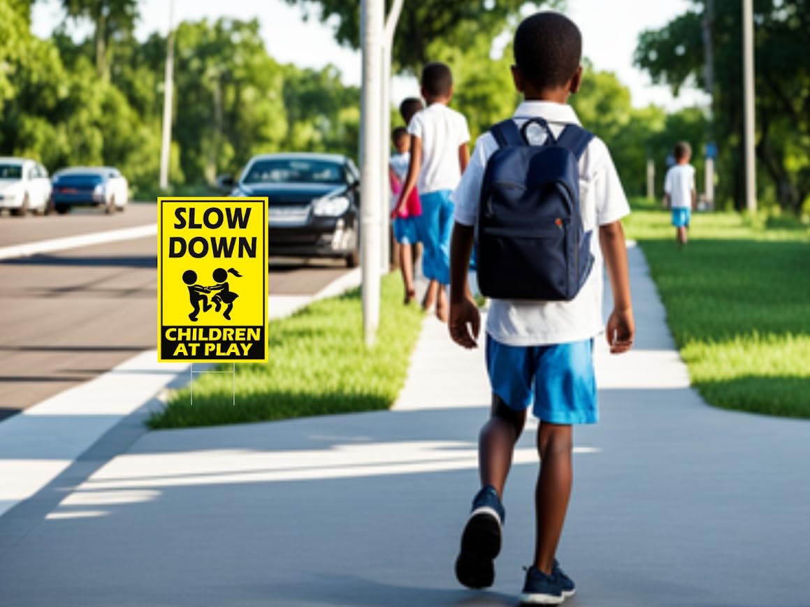 Set of 3 Double Sided 12x16 Inches Plastic Signs Please Slow Down Kids and Pets At Play or Children At Play with Metal Wire H-Stakes - Plastic Playing Kids in the Street Sign - Speed Limit Yard Signs