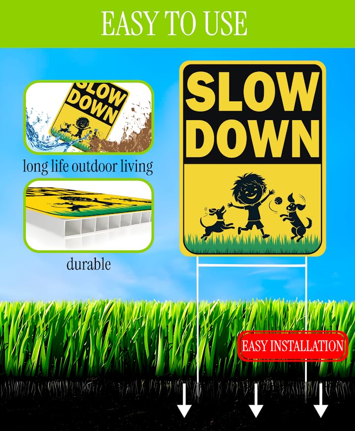 Set of 3 Double Sided 12x16 Inches "Slow Down" Sign with Metal H-Stakes - Caution Children at Play Signs for Avenue - Kids Alert Street Safety Highway Signage - School Zone Speed Limit