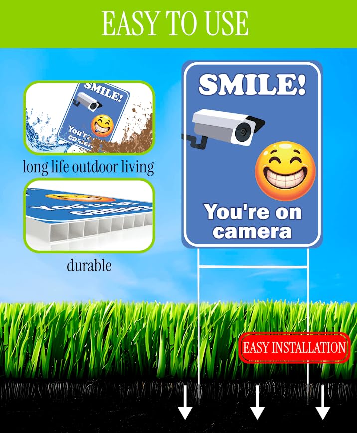 Set of 3 Double Sided 12x8 Inches Plastic Sign With H-Stakes "SMILE! You'reon Camera" - Tresspassing Video Surveillance Private Property Signs - Warning Security Cameras in Use 24 Hours Signage