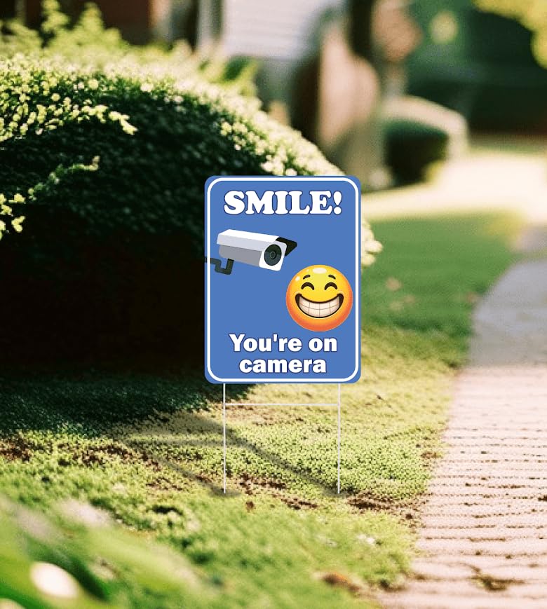 Set of 3 Double Sided 12x8 Inches Plastic Sign With H-Stakes "SMILE! You'reon Camera" - Tresspassing Video Surveillance Private Property Signs - Warning Security Cameras in Use 24 Hours Signage