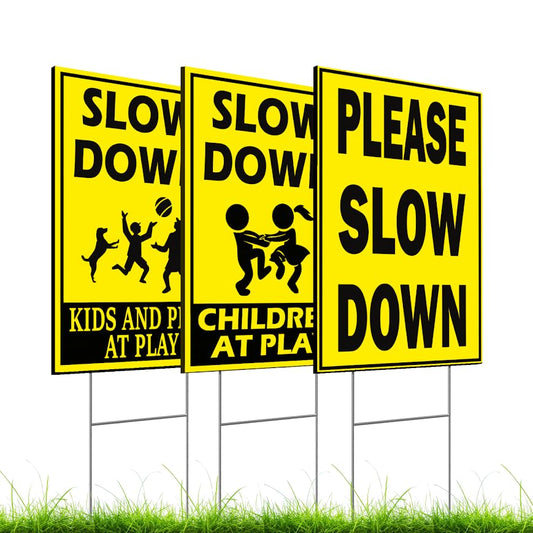 Set of 3 Double Sided 12x16 Inches Plastic Signs Please Slow Down Kids and Pets At Play or Children At Play with Metal Wire H-Stakes - Plastic Playing Kids in the Street Sign - Speed Limit Yard Signs