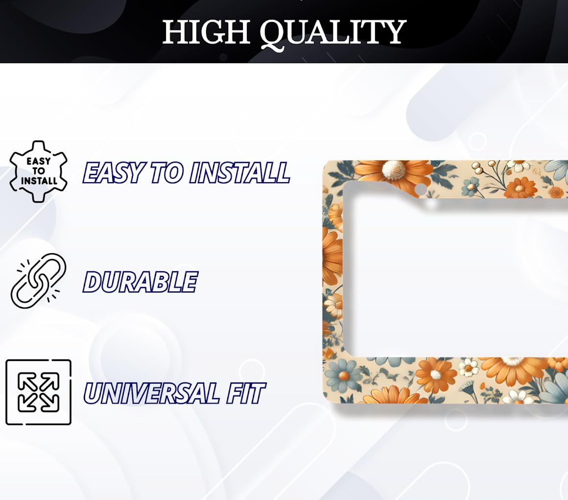 Car License Plate Frame for US Standard 6x12.25 Inch - Stainless Steel Frame - Floral Retro Daisys License Plate Frames Frames with 2 Holes and Screws - Accessory for Car