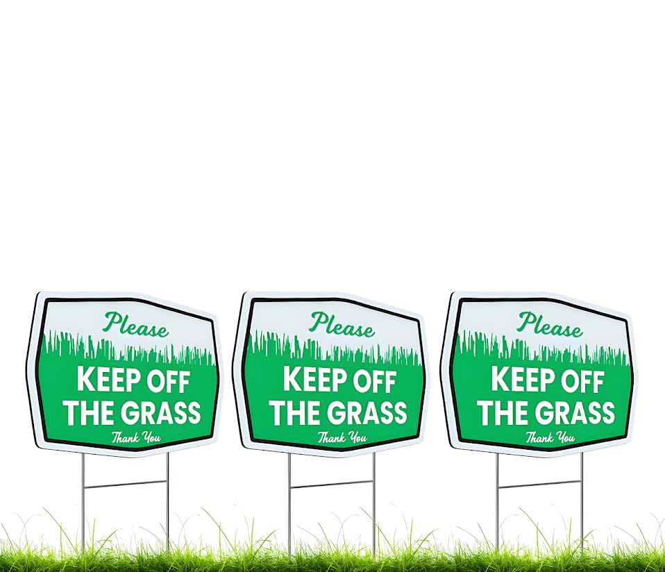 Set of 3 Double Sided 12x8 Inches Plastic Please Keep Off The Grass Thank You Signs with Metal H-Stakes - Curb Your Dog no Pooping and Peeing Lawn Signs - No Dog Poop Signs for Yard Decoration