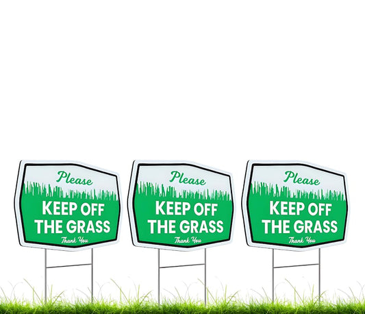 Set of 3 Double Sided 12x8 Inches Plastic Please Keep Off The Grass Thank You Signs with Metal H-Stakes - Curb Your Dog no Pooping and Peeing Lawn Signs - No Dog Poop Signs for Yard Decoration