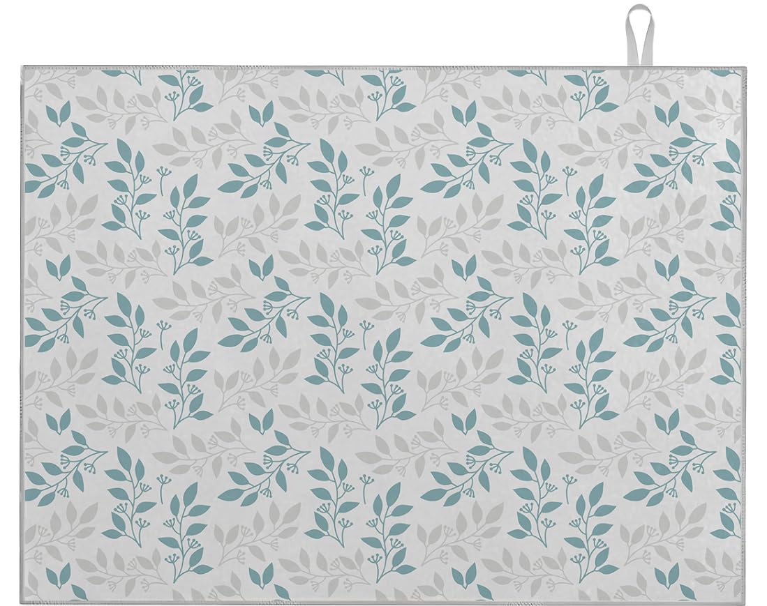 18x24 Inches Dish Drying Mats with Grey and Blue Leaves Branches for Kitchen Counter - Gray Leaves Botanical Spring Flowers Dishes Pad Dish - Drainer Rack Mats Absorbent Fast Dry Kitchen Accessories