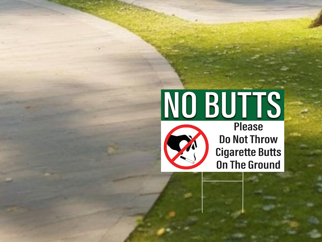 12 x 8 No Cigarette Butts Signs - Coroplast No Butts Signage with Stake - No Littering Sign Outdoor - Please Do Not Throw Cigarette Butt Signs - No Smoking Table Plastic Sign Double Side