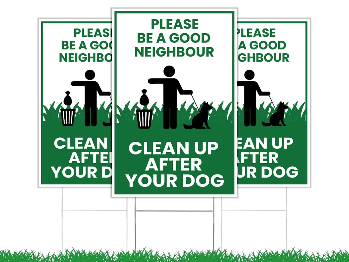 3X Single Sided 12х8 inch Clean Up After Your Dog Sign with Metal Wire H-Stakes - Be a Good Neighbor Sign - Pick Up Your Dog Poop Signs - Keep Off Grass Dog Poop Sign - Clean Up After Your Dog Signs