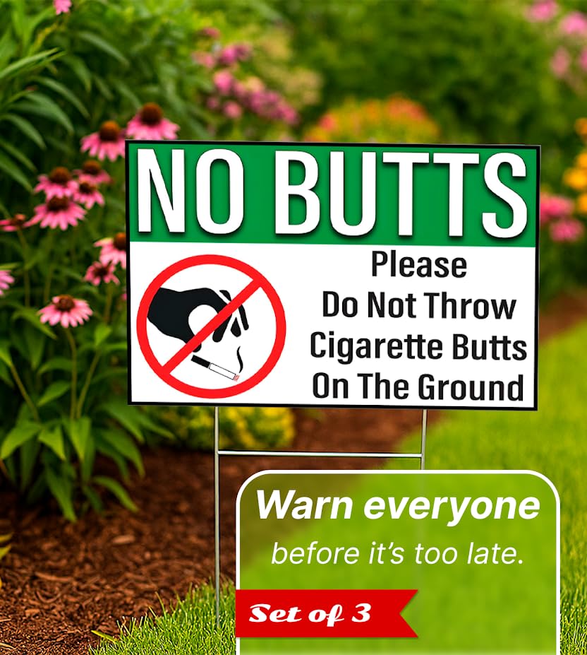 Set of 3 Double Sided 12x8 Inches Plastic Please Do Not Throw Cigarette Butts Signs with Metal H-Stakes - Please Stay Off Grass Sign - No Dog Poop Signs for Yard Outdoor or Garden