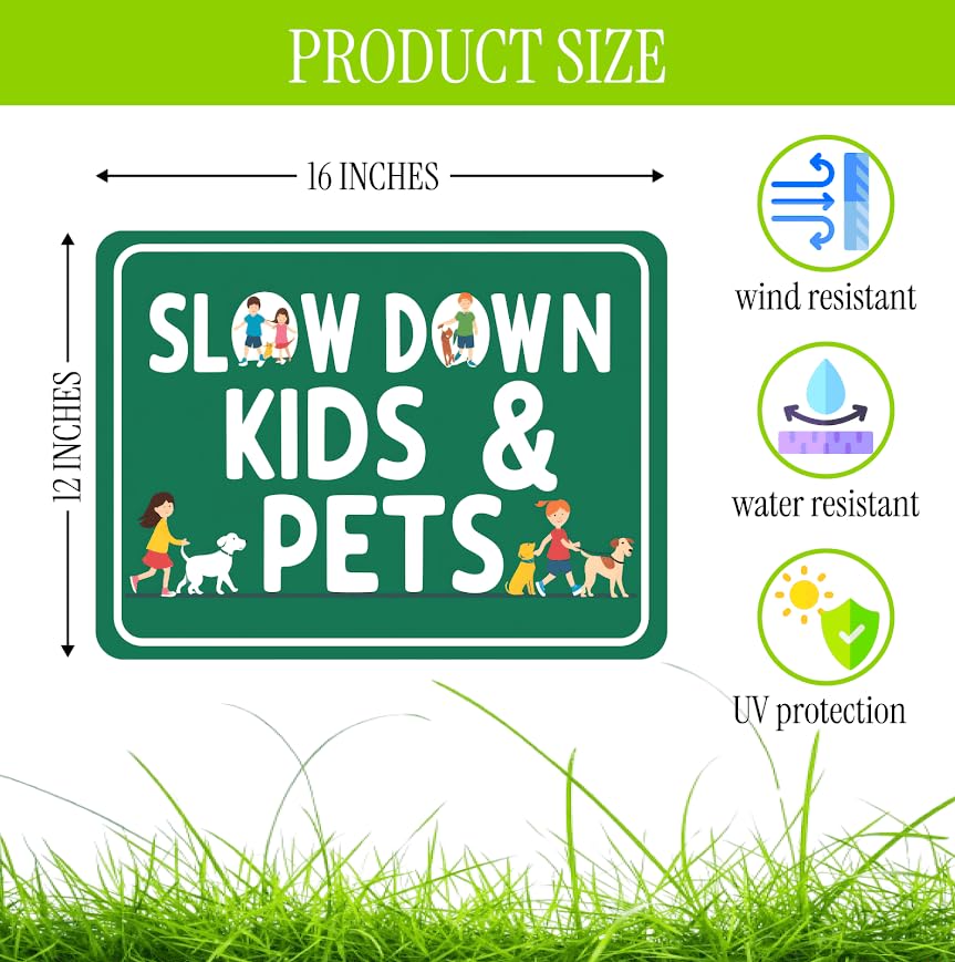 Set of 3 Double Sided 12x16 Inches Plastic Sign "SLOW DOWN KIDS & PETS" - Сaution Сhildren at Play Signs for Street - Drive Like Your Kids Live here Yard Signage - Speed Limit Warning Regulated Area