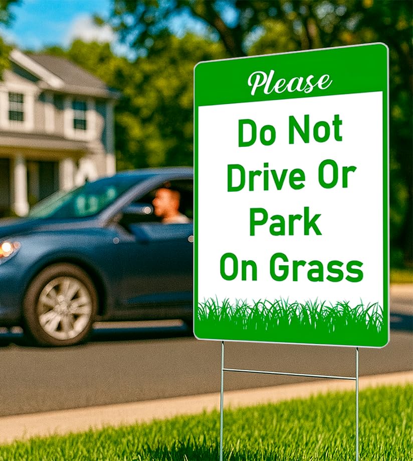 Set of 3 Double Sided 12x8 Inches Plastic Please Do Not Drive Or Park On Grass Signs with Metal H-Stakes - Yard Lawn Stay Off Grass Signs - Green and White Please Keep Off The Grass Sign