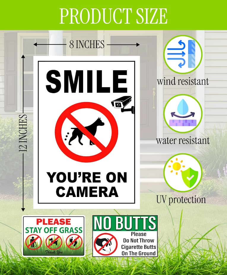 Set of 3 Double Sided 12x8 Inches Plastic Please Do Not Throw Cigarette Butts Signs with Metal H-Stakes - Please Stay Off Grass Sign - No Dog Poop Signs for Yard Outdoor or Garden